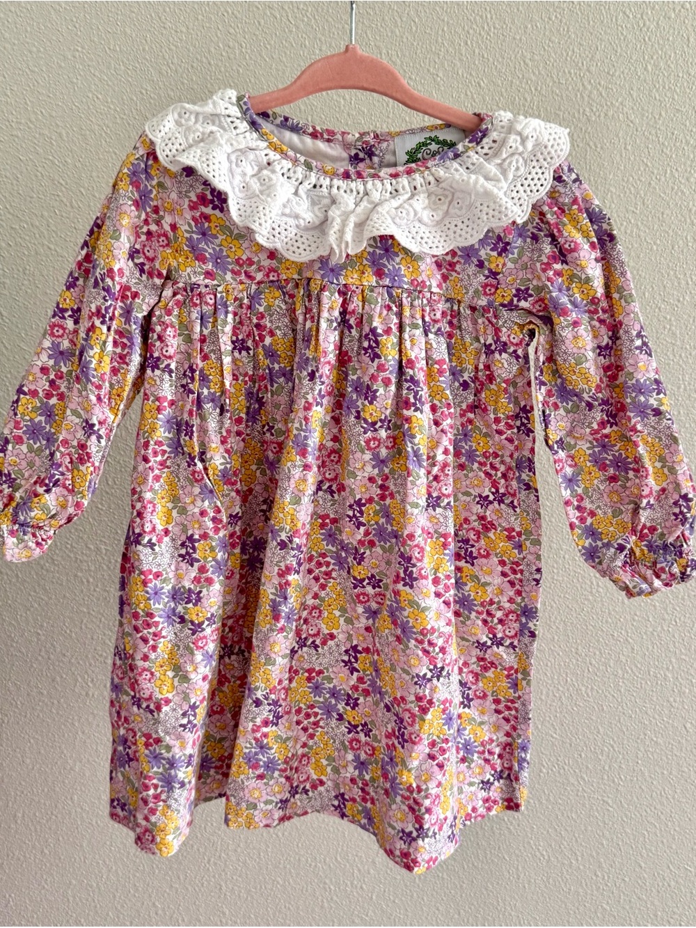 Girls' Floral Long-Sleeve Nightgown with Eyelet Collar - Pink, Purple & Yellow
